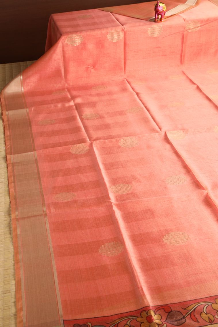 Fire Orange Semi Tussar Silk with Gold Zari Puttas view 2