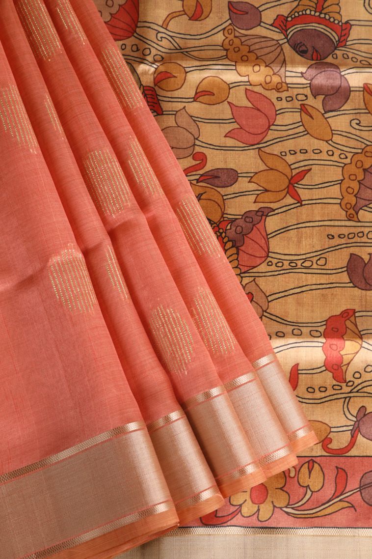 Fire Orange Semi Tussar Silk with Gold Zari Puttas view 1