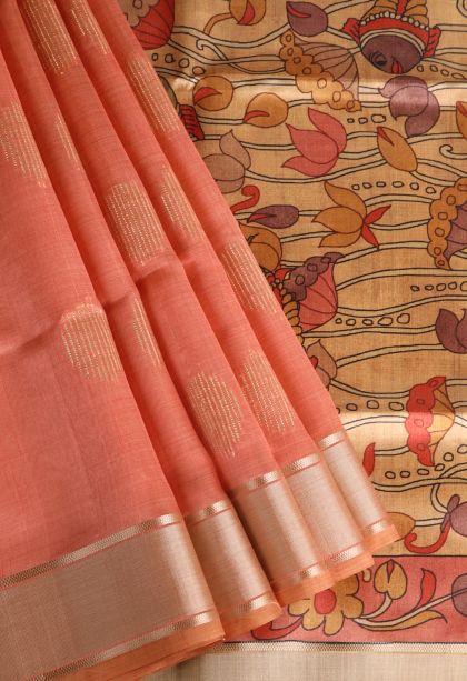 Fire Orange Semi Tussar Silk with Gold Zari Puttas