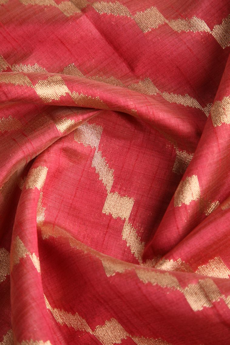 Dawn Red Semi Tussar Silk with Gold Zari Cross Straipes view 4