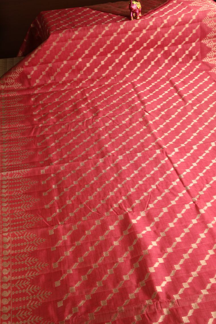 Dawn Red Semi Tussar Silk with Gold Zari Cross Straipes view 2
