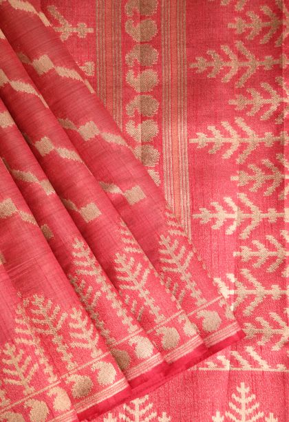 Dawn Red Semi Tussar Silk with Gold Zari Cross Straipes