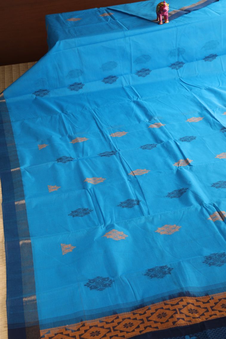 Cerulean Blue Kanchi Cotton Sarees with Gold Zari Floral Patterns view 2