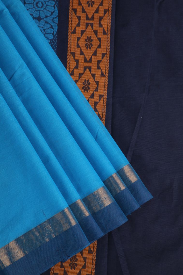 Cerulean Blue Kanchi Cotton Sarees with Gold Zari Floral Patterns view 1