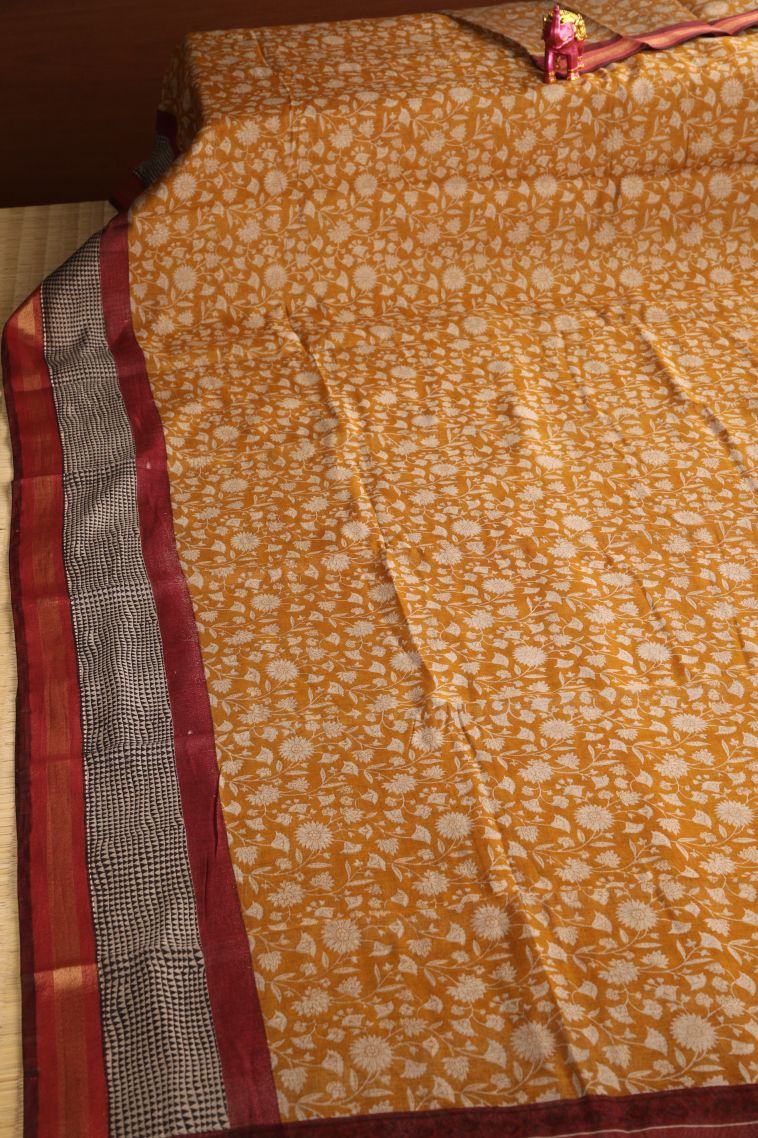 Honey Orange Chanderi Cotton Sarees with Gold Zari Floral Patterns view 2