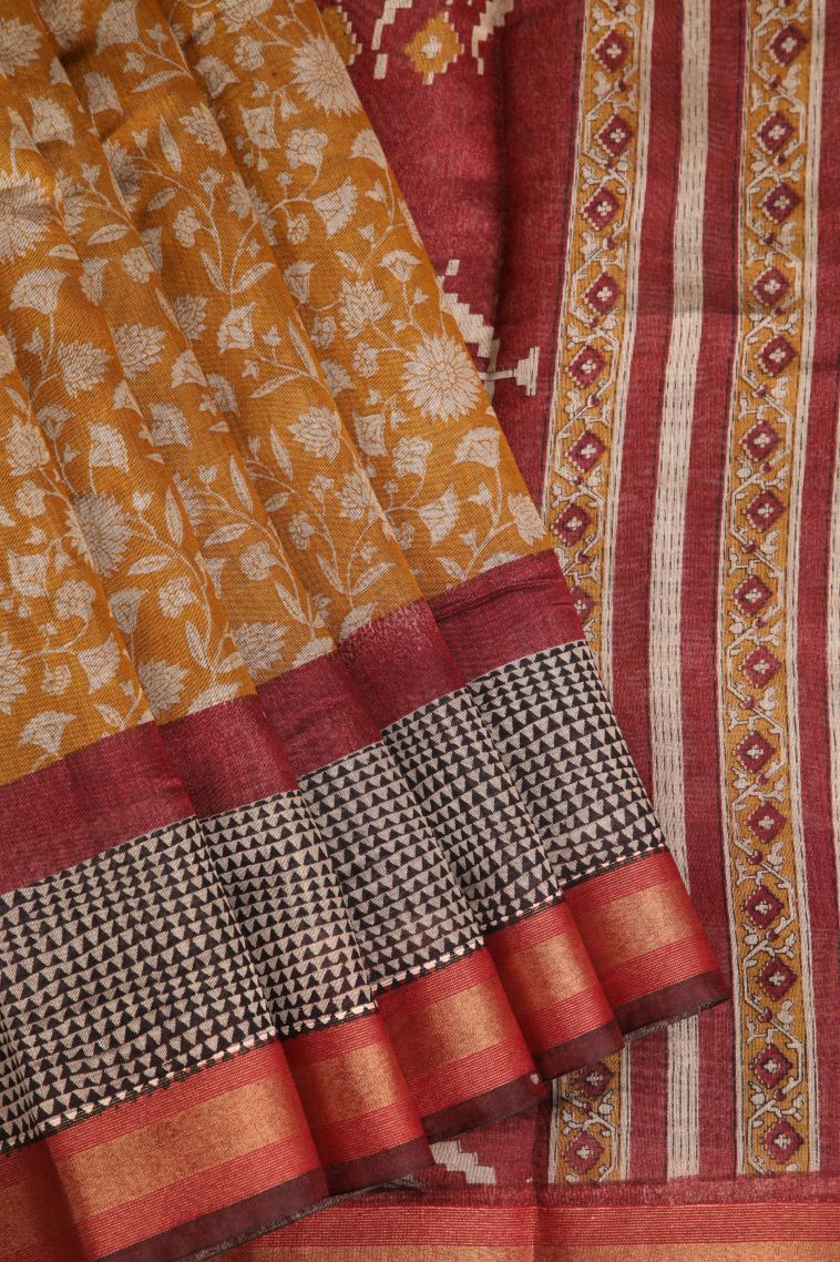 Honey Orange Chanderi Cotton Sarees with Gold Zari Floral Patterns view 1