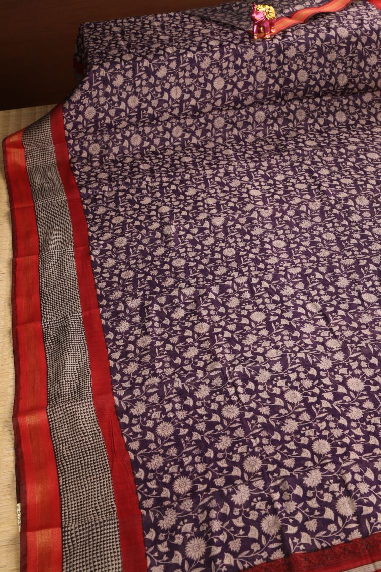 Mauve Purple Chanderi Cotton Sarees with Gold Zari Floral Patterns view 2