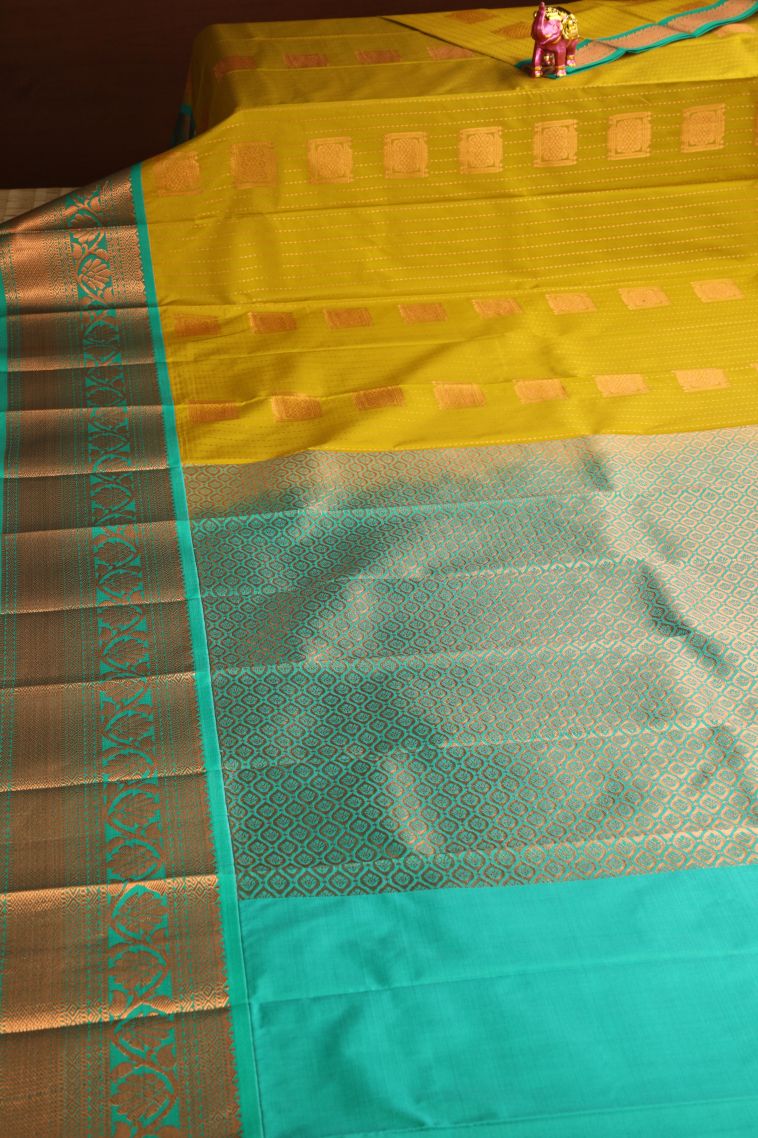 Lemon Yellow Visiri Madippu Silk Sarees with Copper Zari Buttis (small Dots Or Motifs) view 2