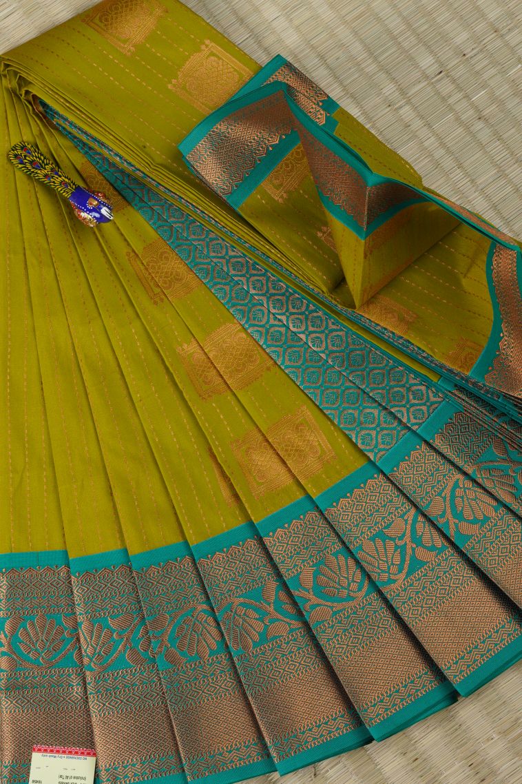 Lemon Yellow Visiri Madippu Silk Sarees with Copper Zari Buttis (small Dots Or Motifs) view 1