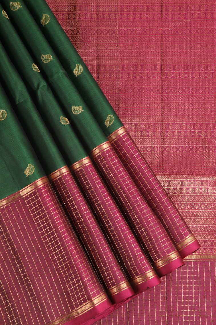 Bottle Green Soft Silk Saree with Gold Zari Leaf Pattern view 1