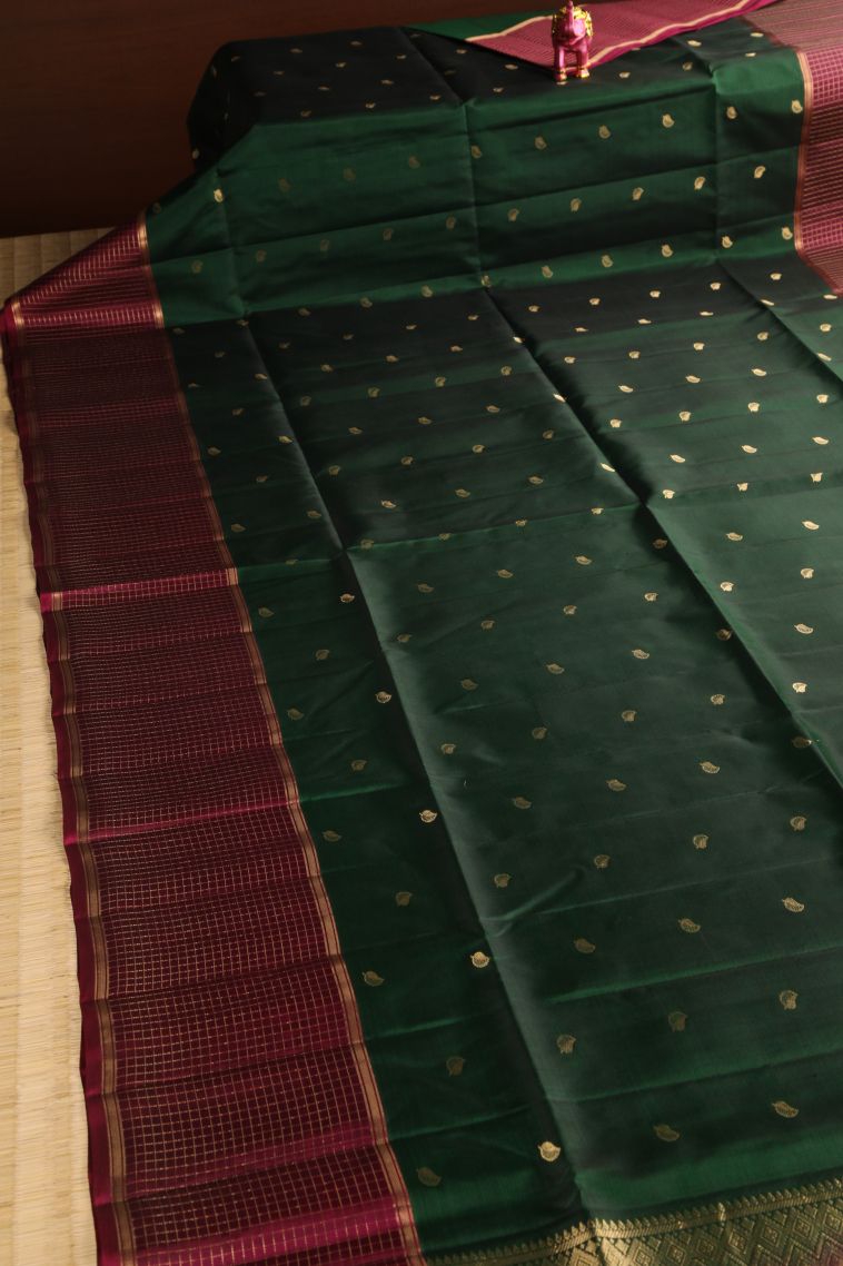 Bottle Green Soft Silk Saree with Gold Zari Leaf Pattern view 2