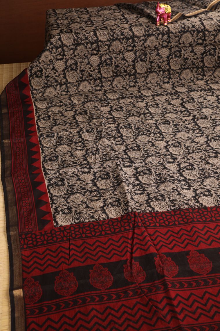 Asphalt Black Chanderi Cotton Sarees with Gold Zari Floral Patterns view 2