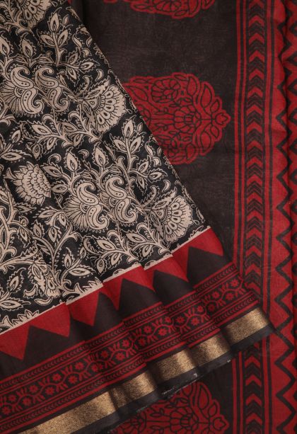 Asphalt Black Chanderi Cotton Sarees with Gold Zari Floral Patterns