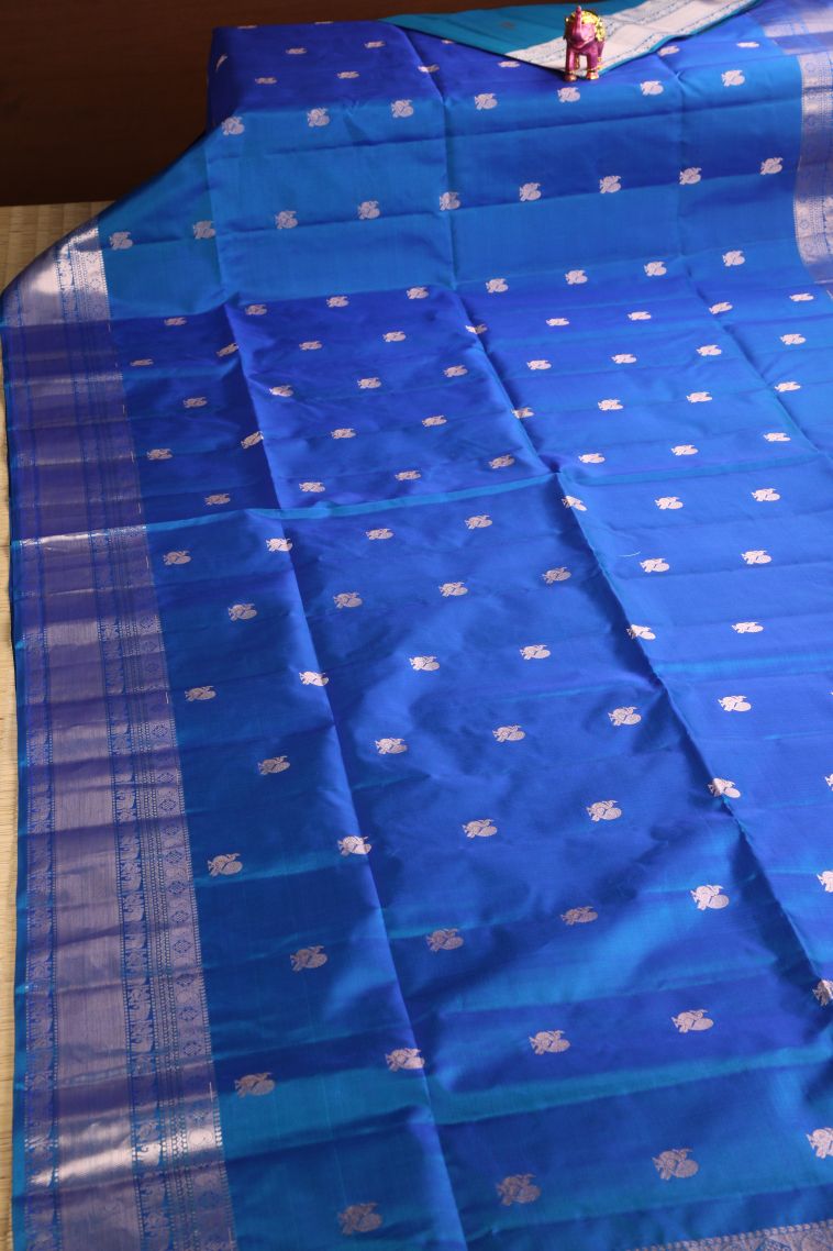 Cobalt Blue Soft Silk Saree with Silver Zari Peacock Motifs view 2