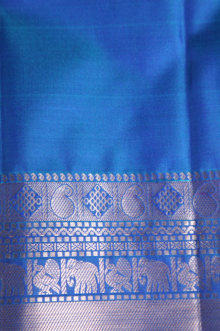 Cobalt Blue Soft Silk Saree with Silver Zari Peacock Motifs view 3