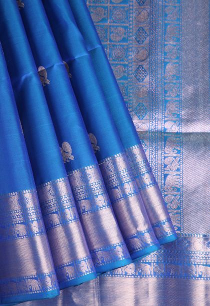 Cobalt Blue Soft Silk Saree with Silver Zari Peacock Motifs