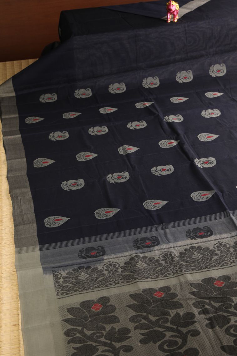 Denim Blue Kanchi Cotton Sarees with Without Zari Zari Manga view 2