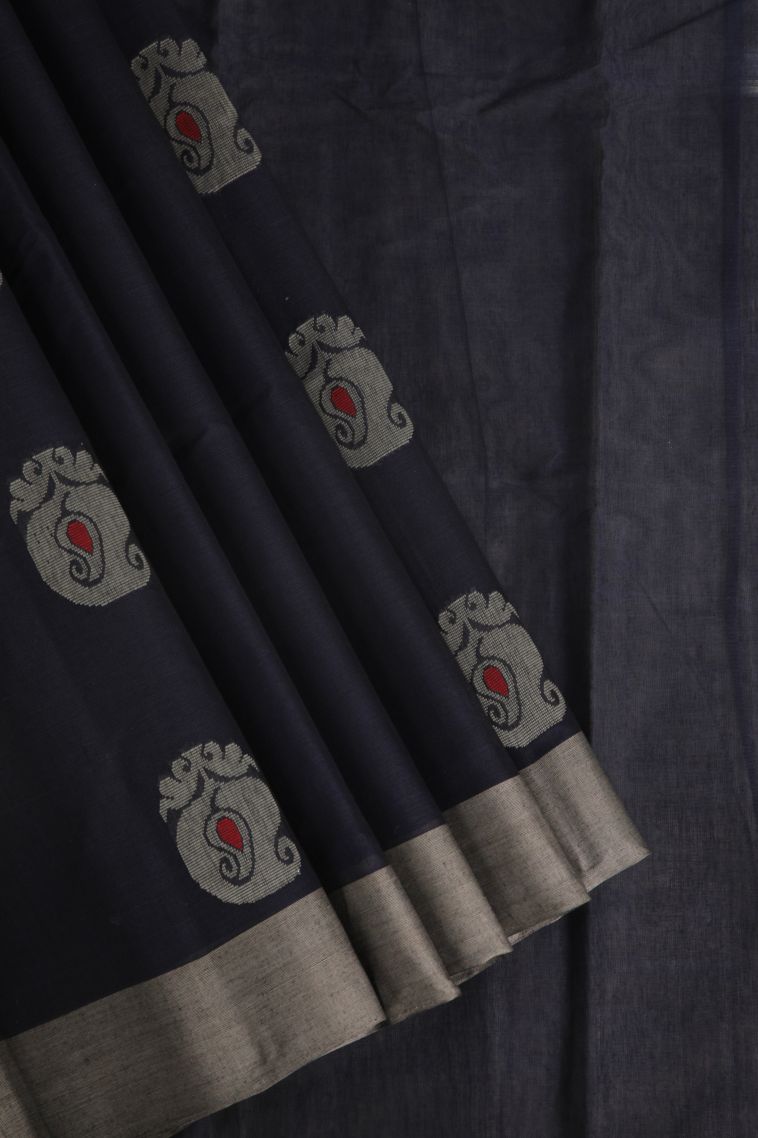 Denim Blue Kanchi Cotton Sarees with Without Zari Zari Manga view 1