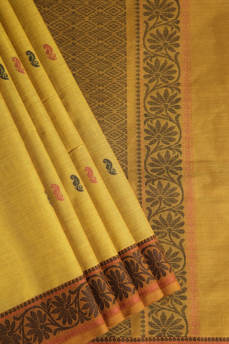 Sand Yellow Kovai Cotton Sarees with Without Zari Zari Floral Puttas view 1