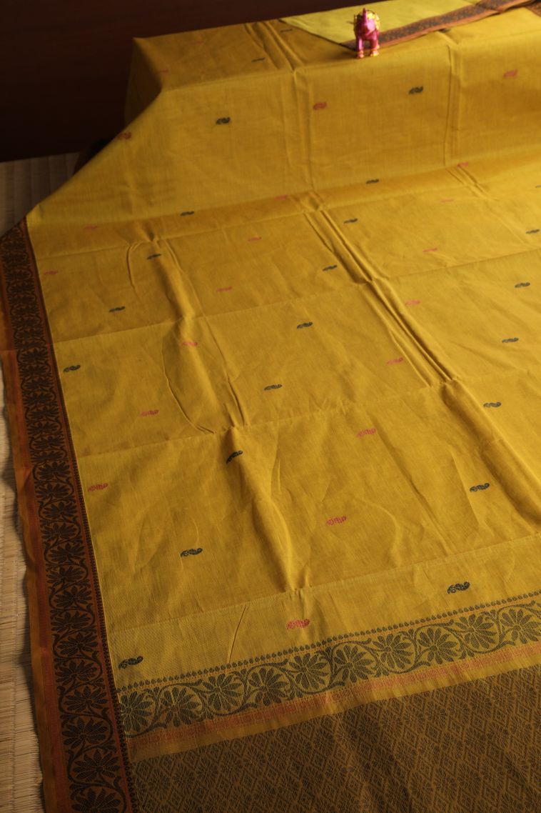 Sand Yellow Kovai Cotton Sarees with Without Zari Zari Floral Puttas view 2