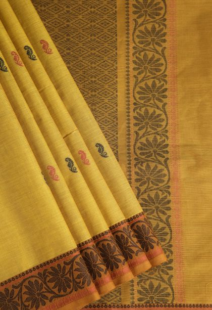 Sand Yellow Kovai Cotton Sarees with Without Zari Zari Floral Puttas