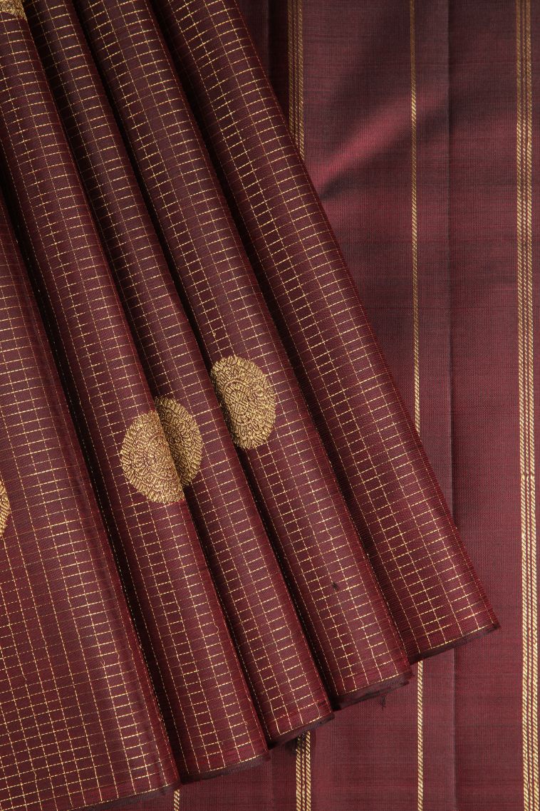 Crimson Red Kanchipuram Silk Sarees with Gold Zari Peacock Motifs view 1