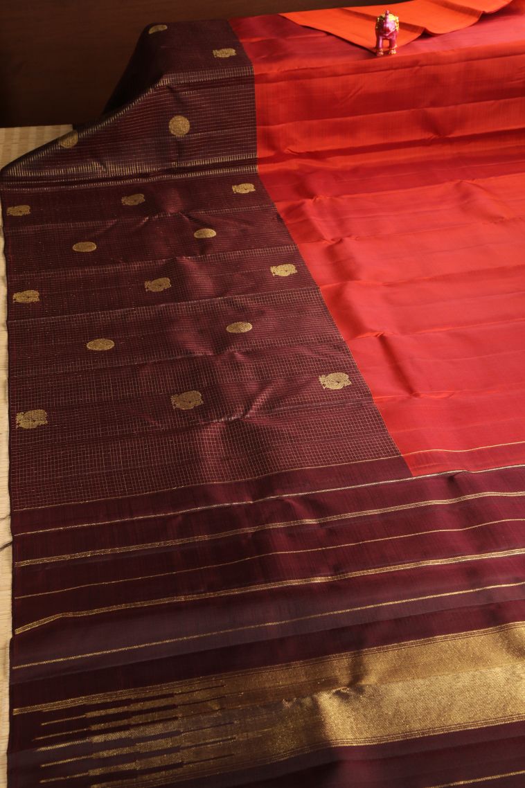 Crimson Red Kanchipuram Silk Sarees with Gold Zari Peacock Motifs view 2