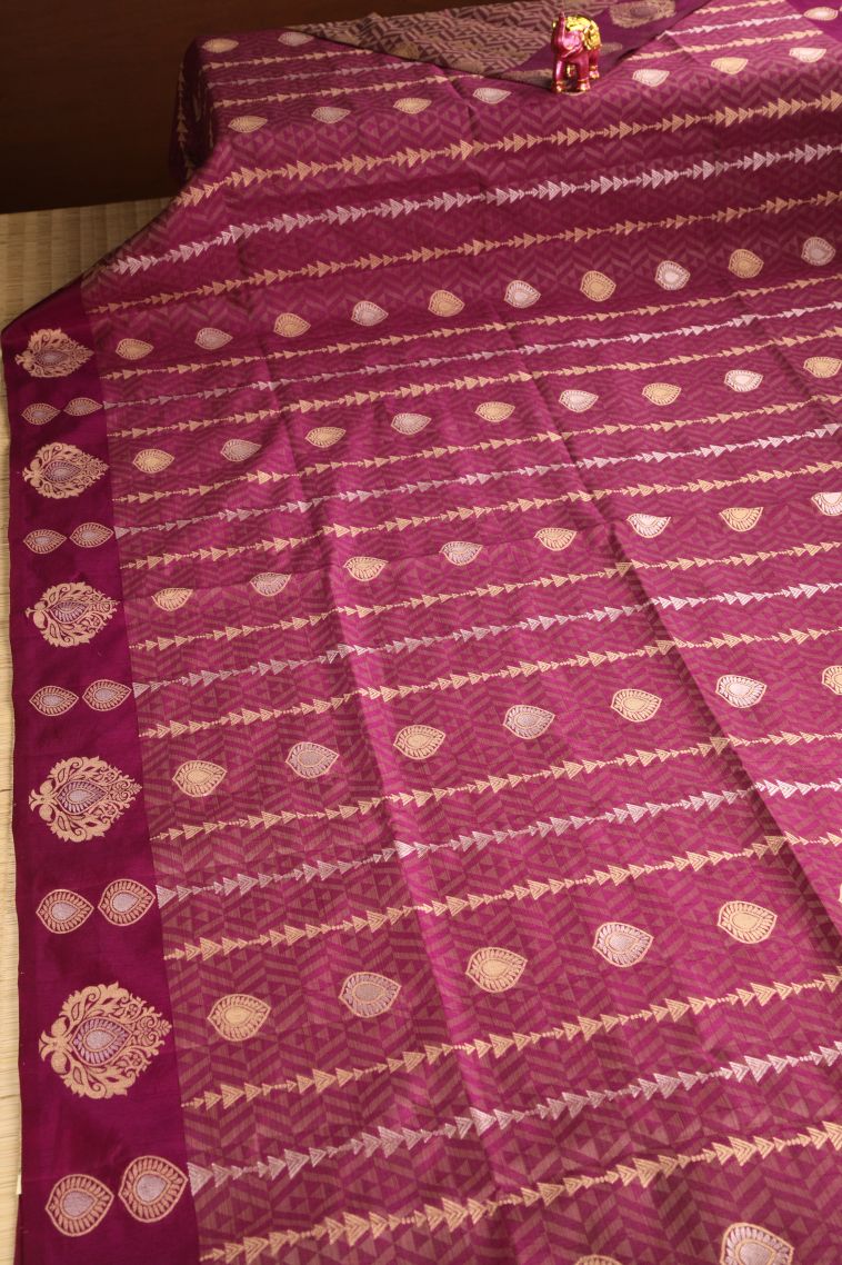 Magenta Purple Semi Raw Silk Printed with Gold And Silver Zari Geometric Shapes view 2
