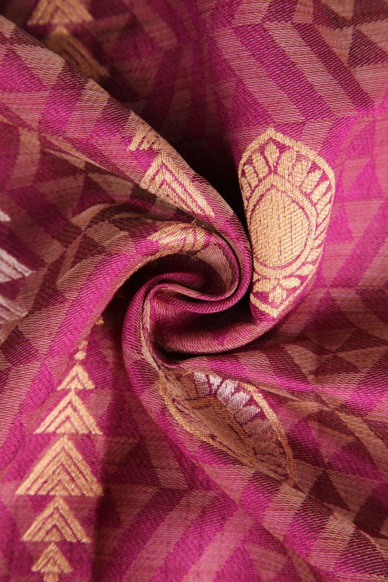 Magenta Purple Semi Raw Silk Printed with Gold And Silver Zari Geometric Shapes view 4