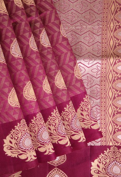 Magenta Purple Semi Raw Silk Printed with Gold And Silver Zari Geometric Shapes