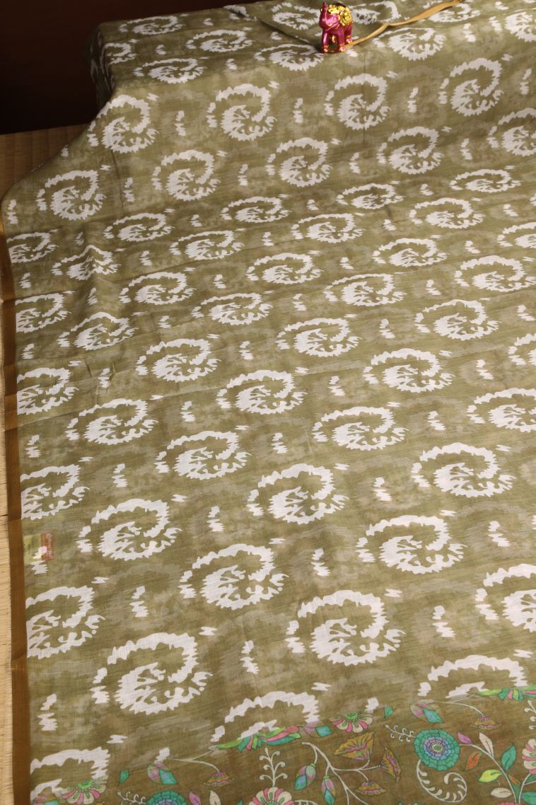 Sage Green Linen Saree with Without Zari Zari Pathik Motifs view 2