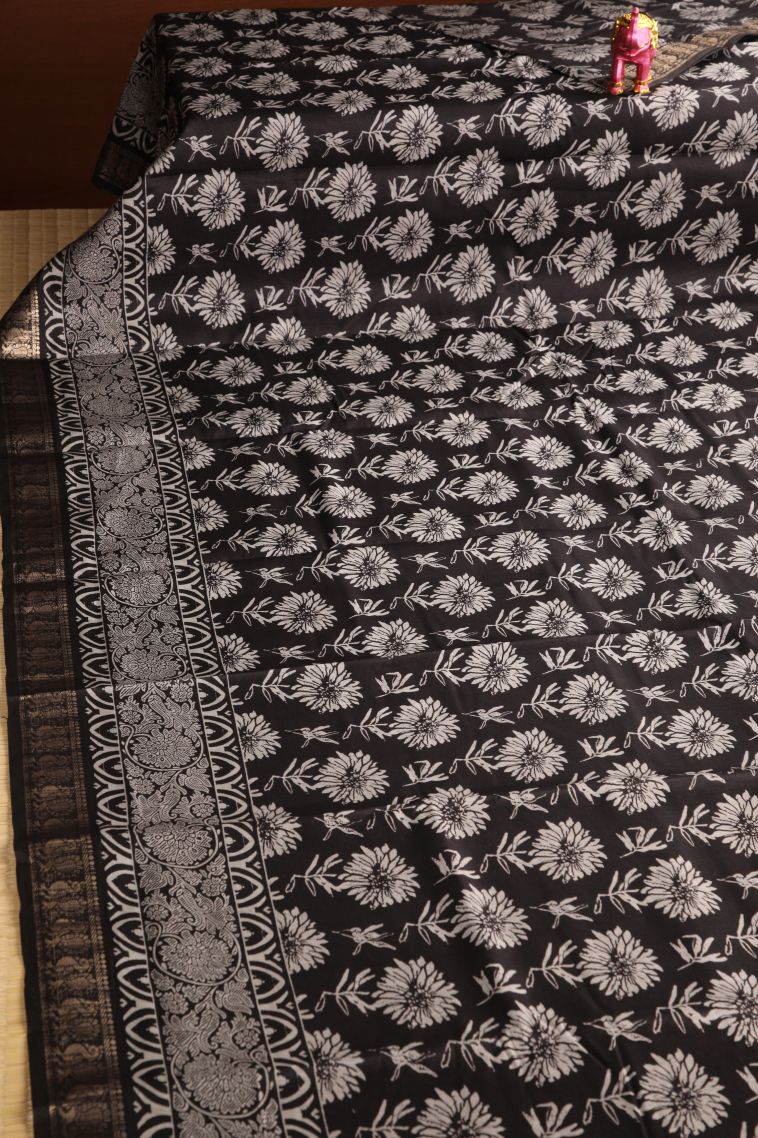 Asphalt Black Fancy Saree with Gold Zari Floral Patterns view 2