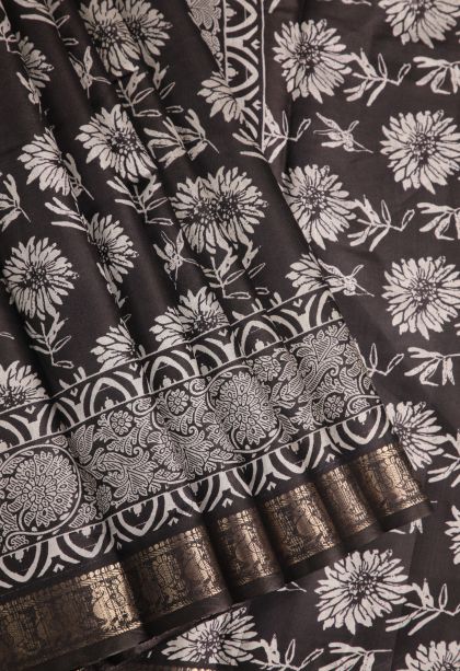 Asphalt Black Fancy Saree with Gold Zari Floral Patterns