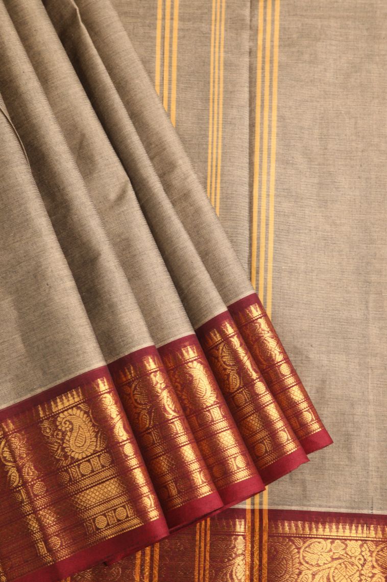 Oat Yellow Chettinad Cotton Sarees with Gold Zari Plain view 1