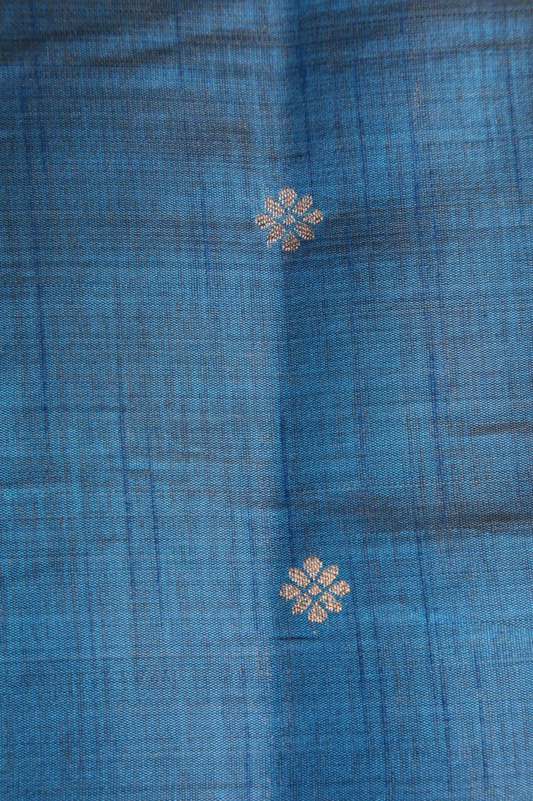 Cobalt Blue Semi Tussar Silk with Gold Zari Cross Straipes view 3