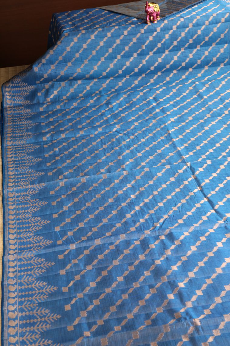 Cobalt Blue Semi Tussar Silk with Gold Zari Cross Straipes view 2