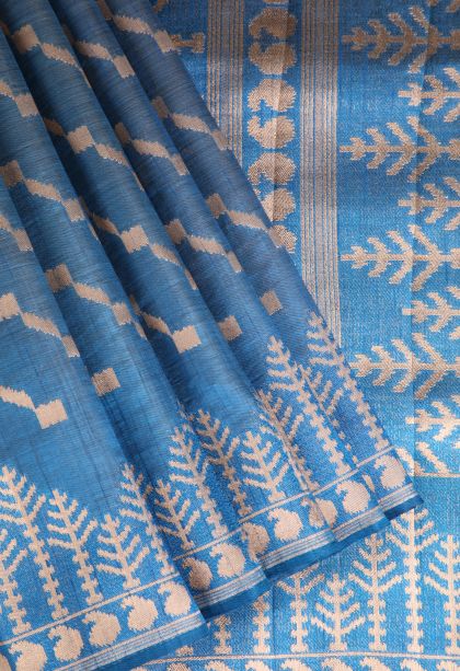 Cobalt Blue Semi Tussar Silk with Gold Zari Cross Straipes