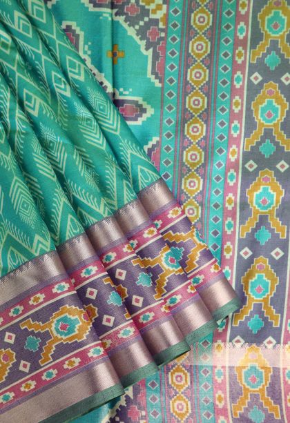 Mint Green Semi Tussar Silk with Gold Zari Pochamballi Pattern