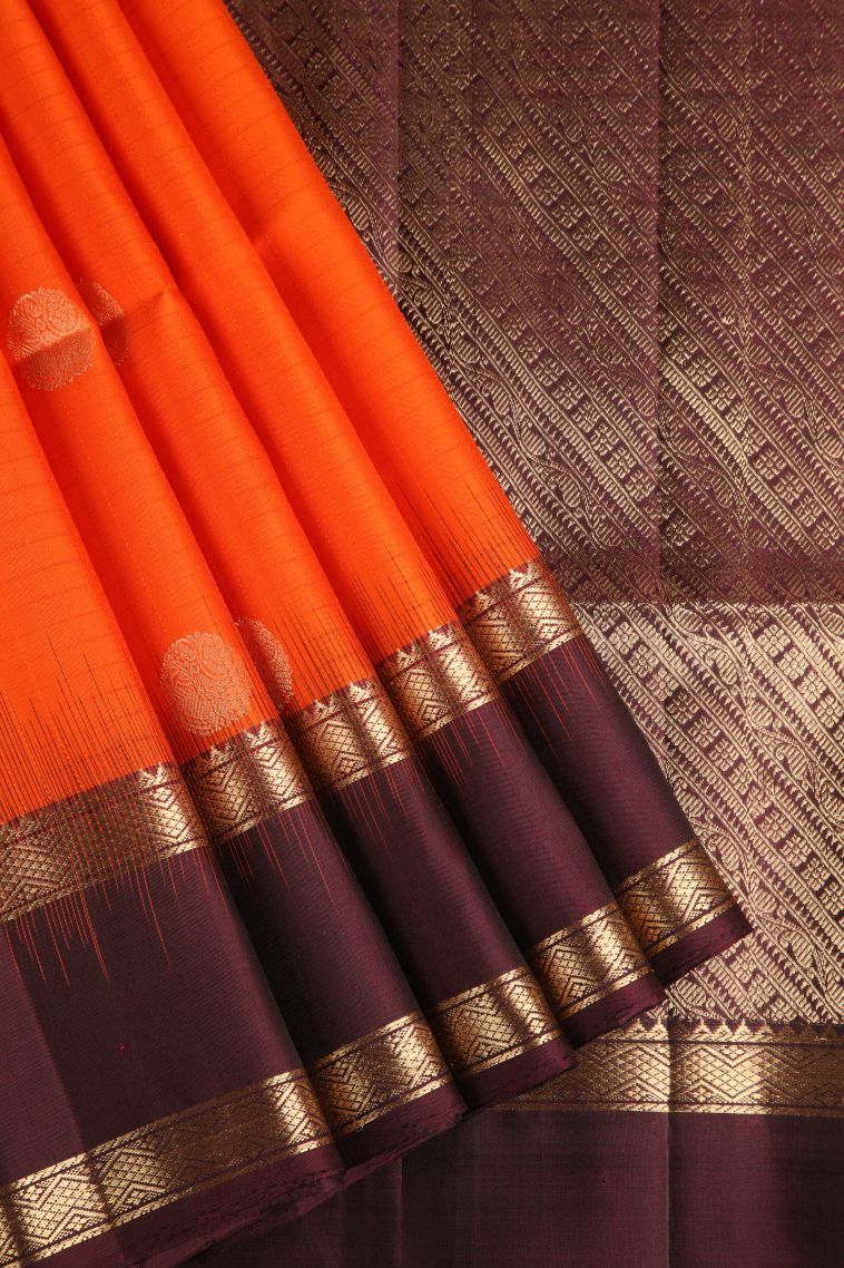 Tiger Orange Soft Silk Saree with Gold Zari Rudhracham Mottif view 1