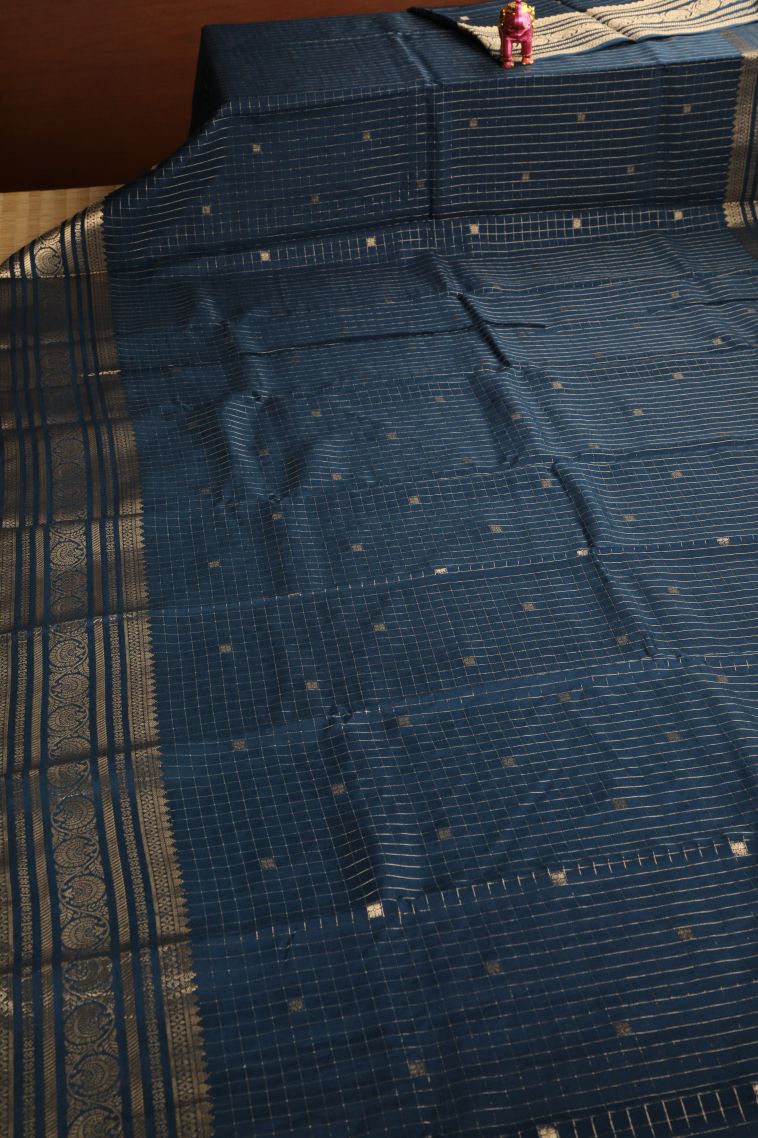 Aegean Blue Fancy Saree with Gold Zari Checks view 2