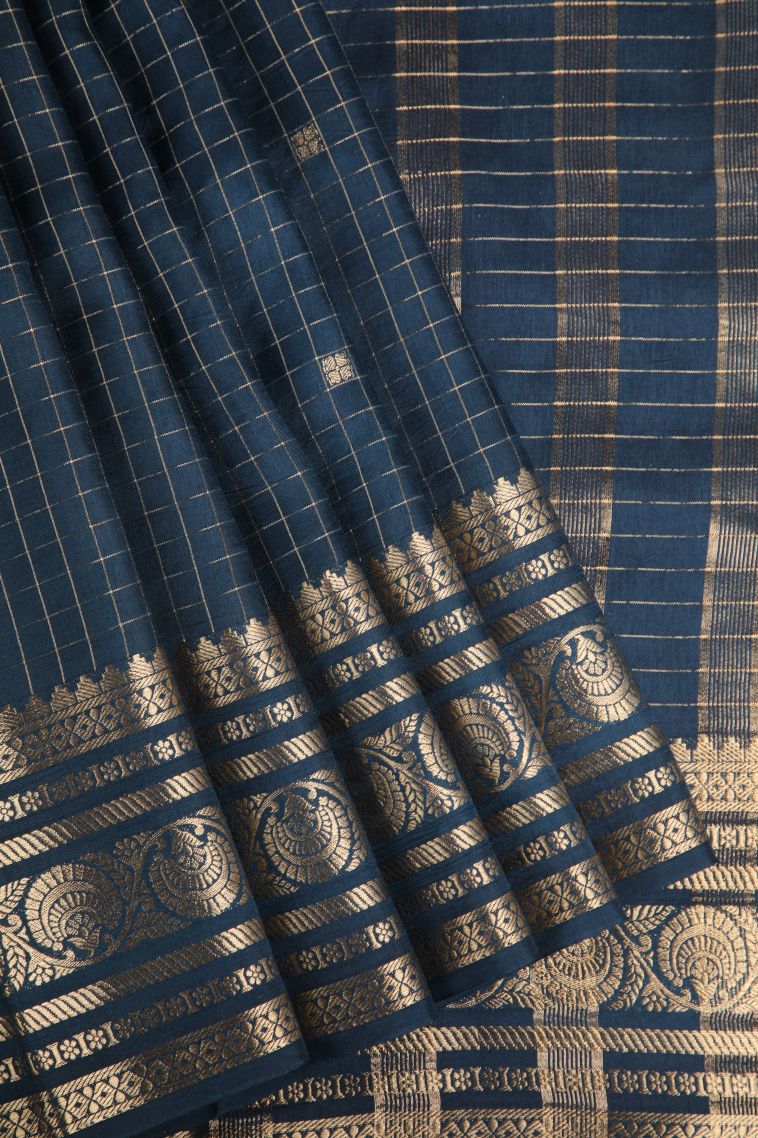 Aegean Blue Fancy Saree with Gold Zari Checks view 1