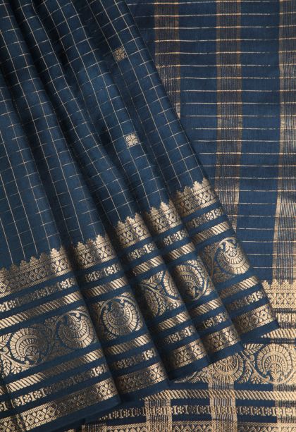 Aegean Blue Fancy Saree with Gold Zari Checks