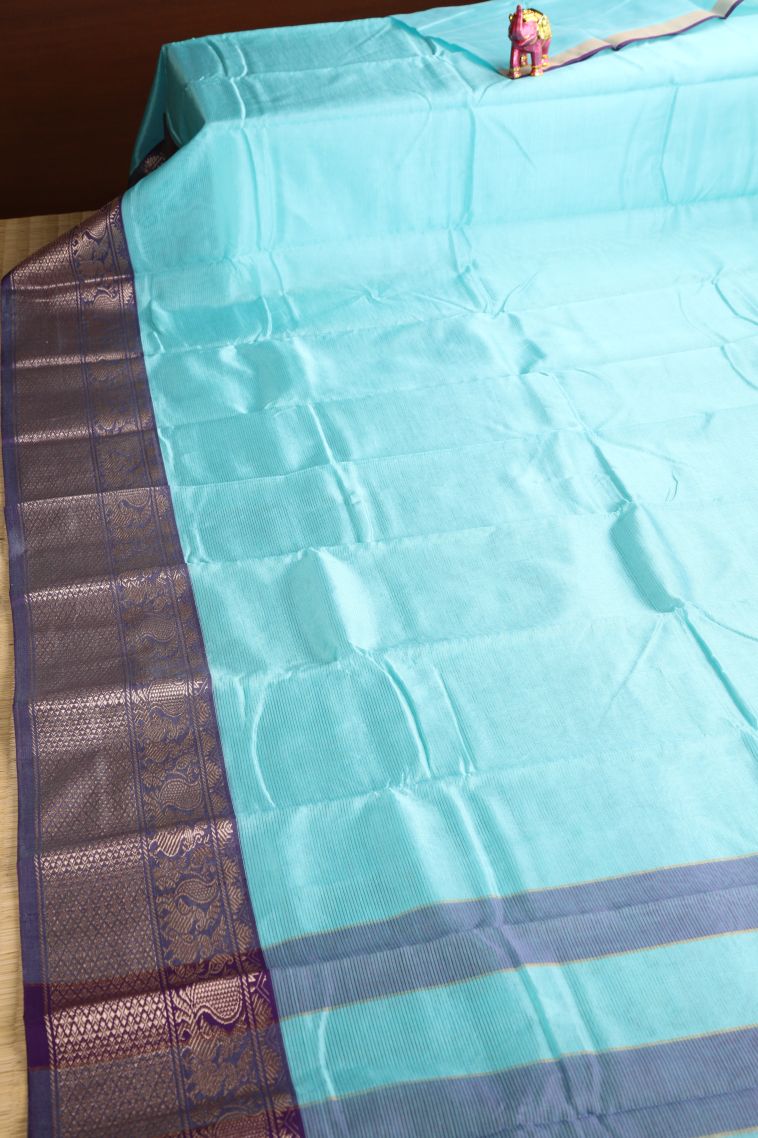 Arctic Blue Cotton Sarees with Gold Zari Plain view 2