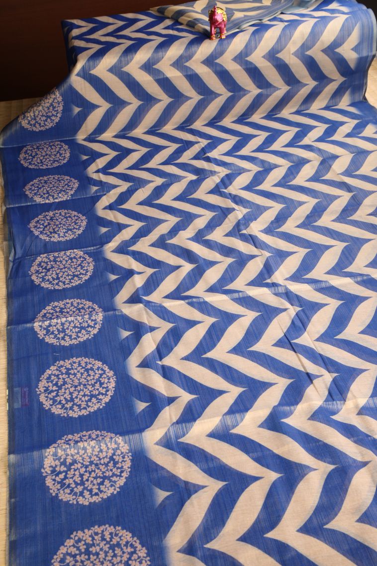 Azure Blue Tissue Silk Sarees with Gold Zari Zig Zag Pattern view 2