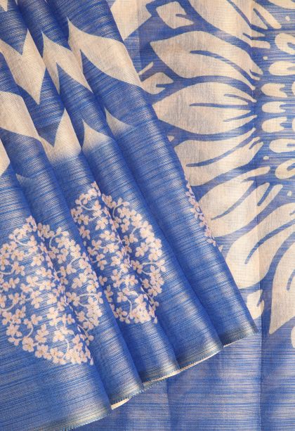 Azure Blue Tissue Silk Sarees with Gold Zari Zig Zag Pattern