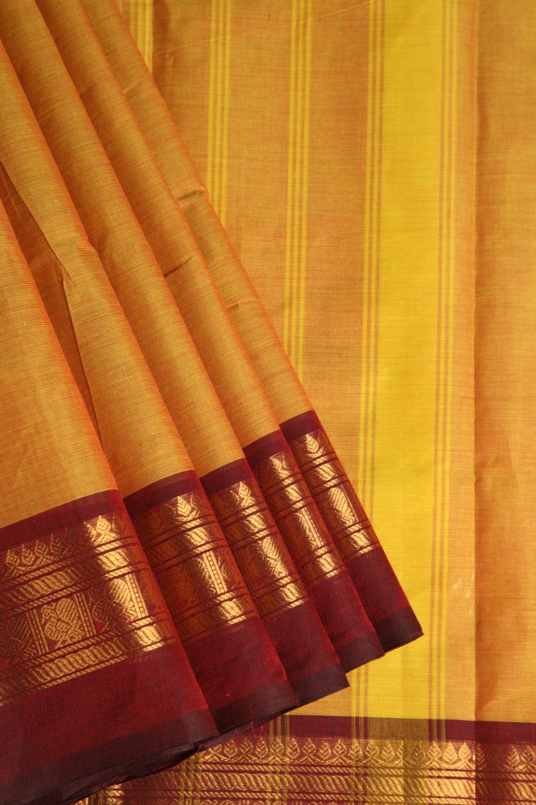 Honey Orange Chettinad Cotton Sarees with Gold Zari Plain view 1