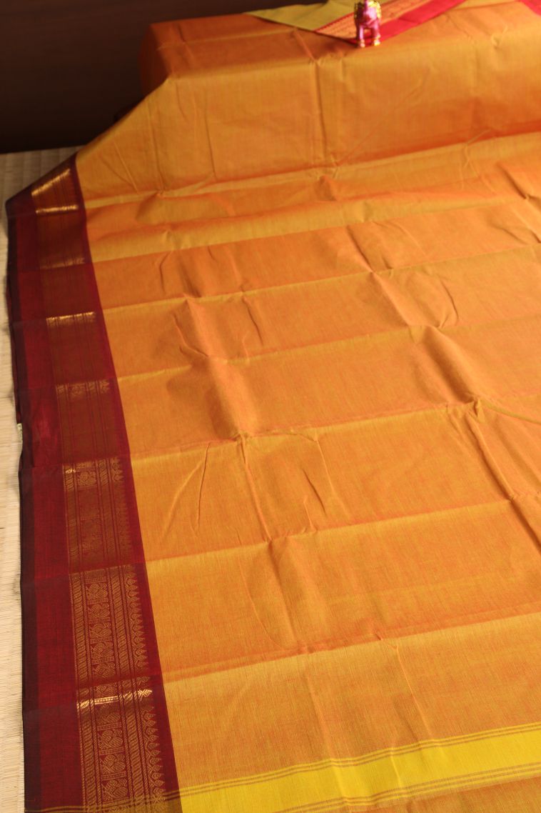 Honey Orange Chettinad Cotton Sarees with Gold Zari Plain view 2