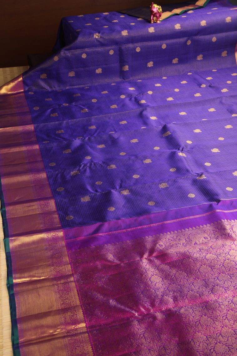 Lapis Blue Kanchipuram Silk Sarees with Gold Zari Checks And Puttas view 2