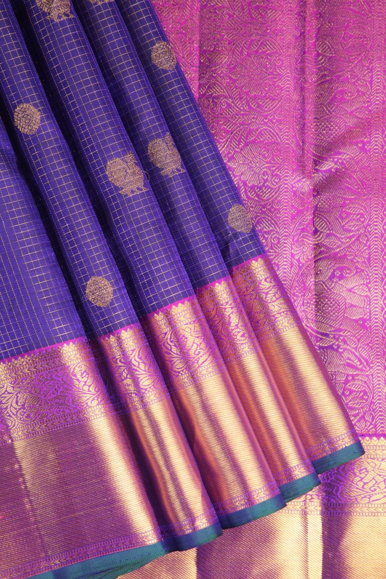Lapis Blue Kanchipuram Silk Sarees with Gold Zari Checks And Puttas view 1