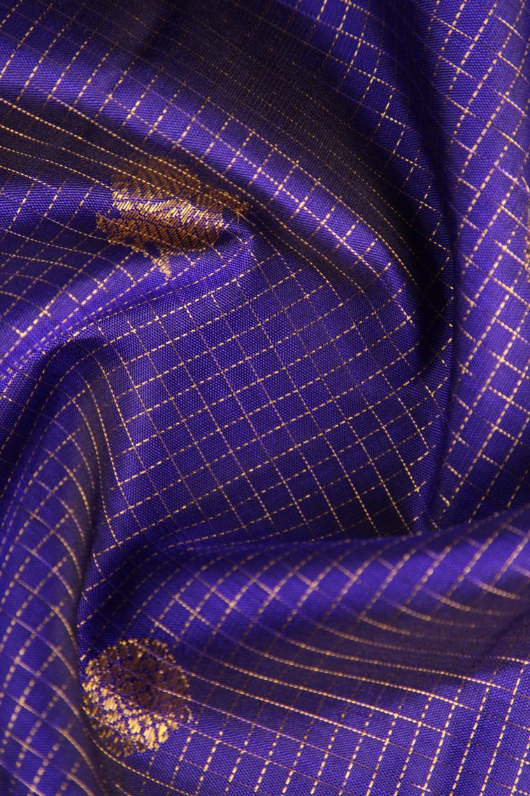 Lapis Blue Kanchipuram Silk Sarees with Gold Zari Checks And Puttas view 4